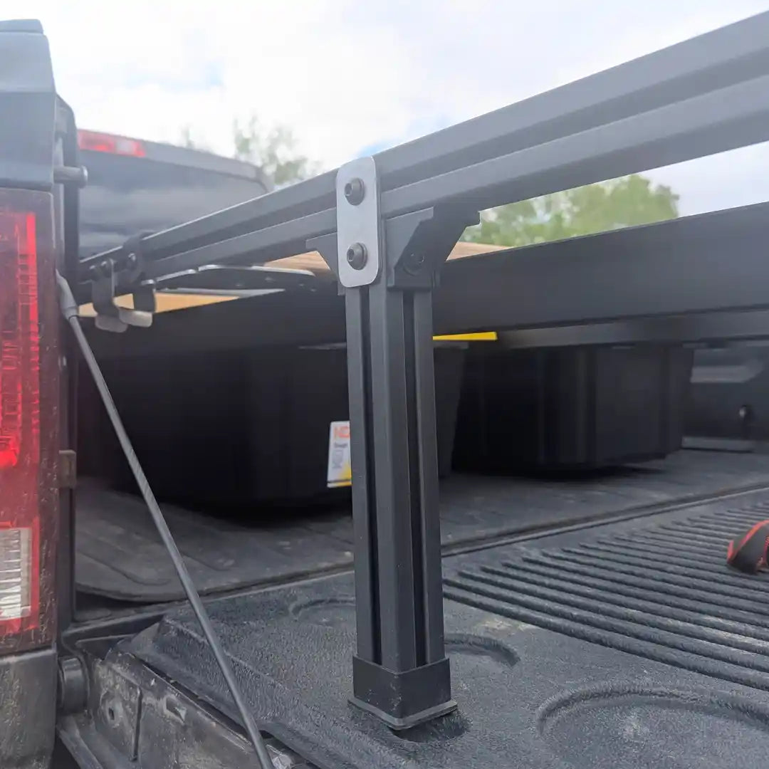 Close up of the heavy duty 8020 aluminum extrusion legs used in the Mountain Time Campers PLAT system
