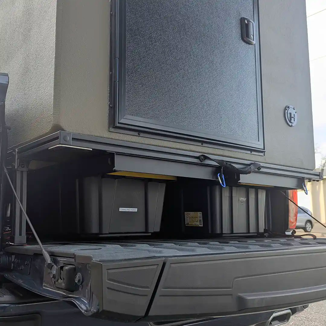 Rear view ofl 8020 aluminum extrusion frame of Mountain Time Campers PLAT system for truckbeds